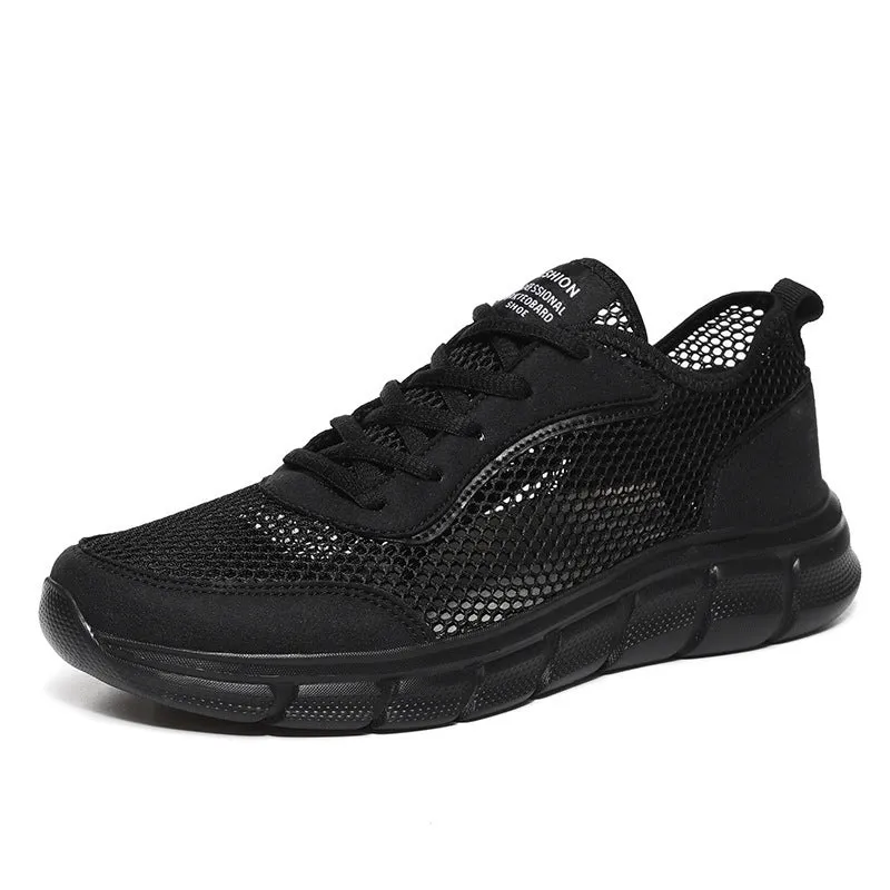 Men's breathable hollow mesh sports shoes in black, blue, and grey, sizes 37 to 48