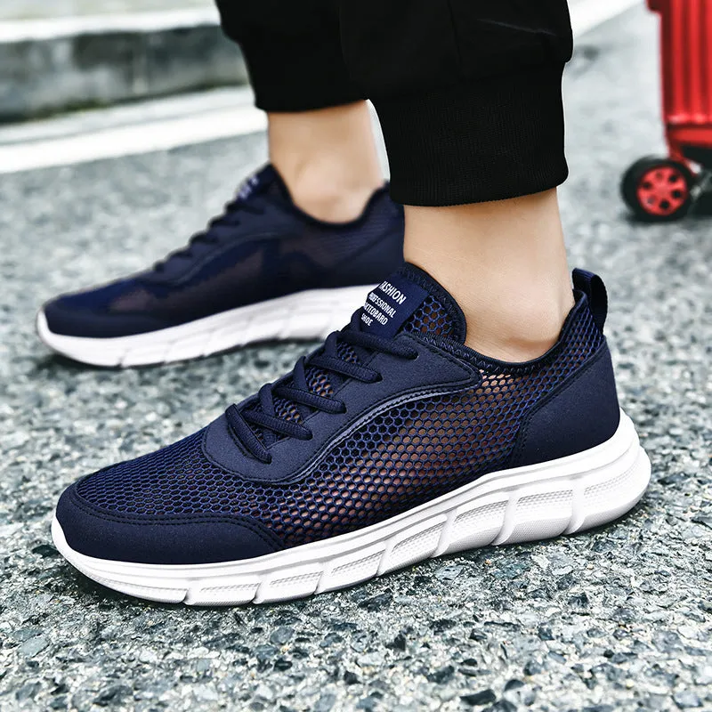 Men's breathable hollow mesh sports shoes in black, blue, and grey, sizes 37 to 48