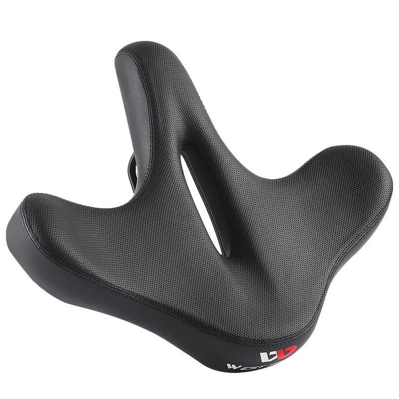 Black leather bicycle seat cushion with thick foam padding on a bike saddle.