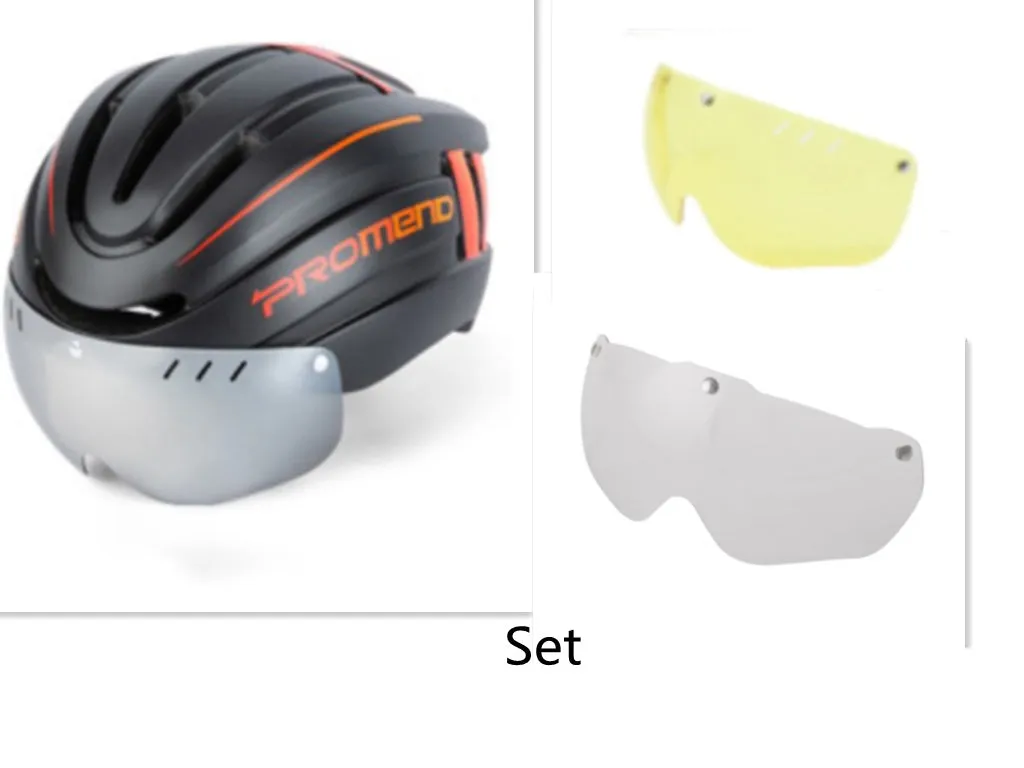 Black orange integral molded mountain bike helmet with LED taillight and magnetic glasses lenses