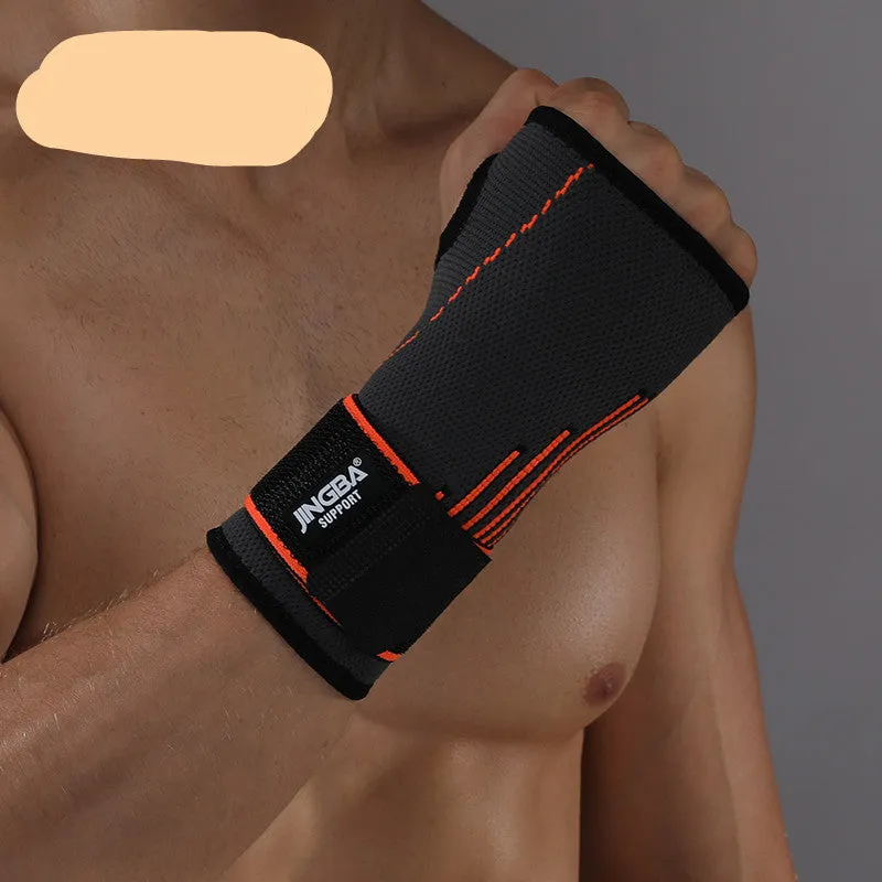 Nylon wrist support bandage with thumb loop and hook and loop strap in black