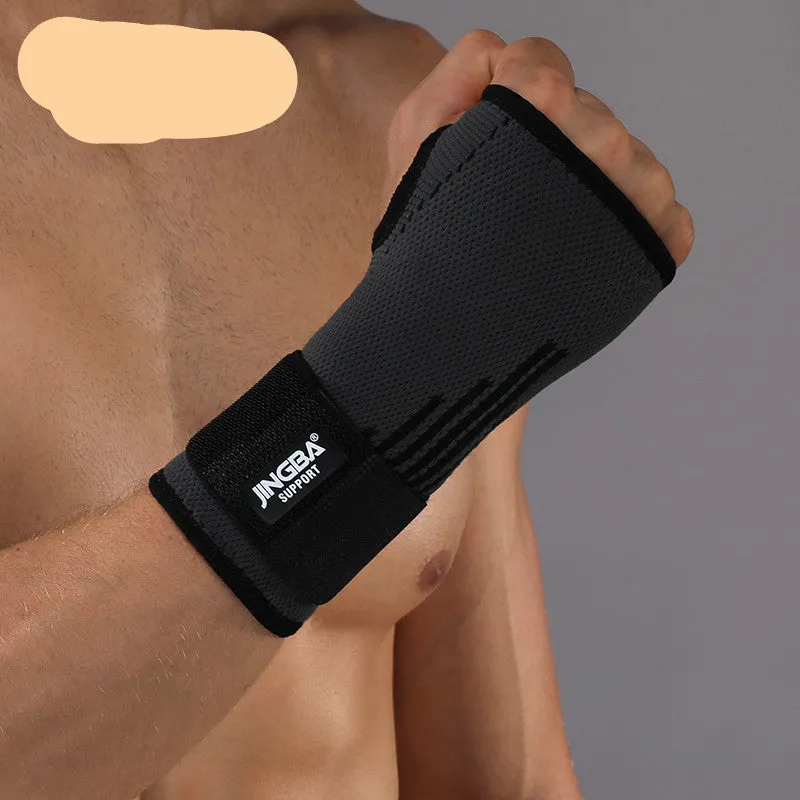Nylon wrist support bandage with thumb loop and hook and loop strap in black