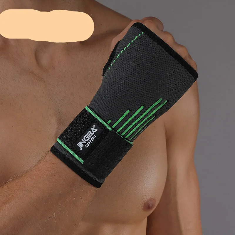 Nylon wrist support bandage with thumb loop and hook and loop strap in black