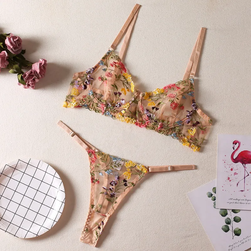 Women's floral mesh bra with steel ring T-back in multiple colours