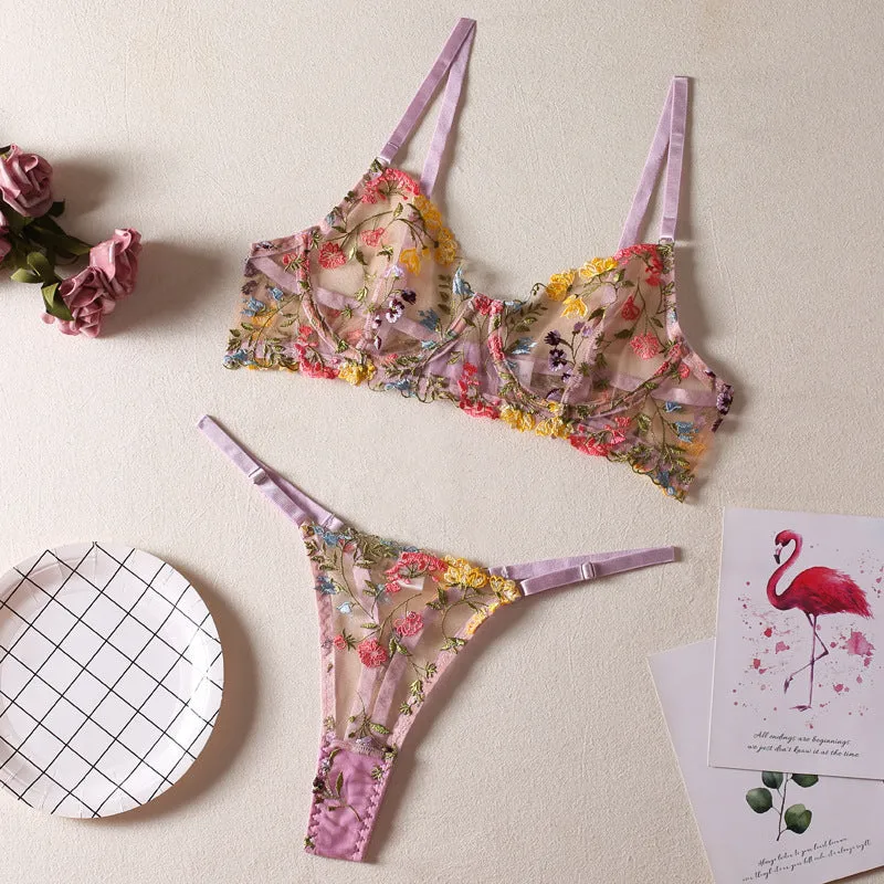 Women's floral mesh bra with steel ring T-back in multiple colours