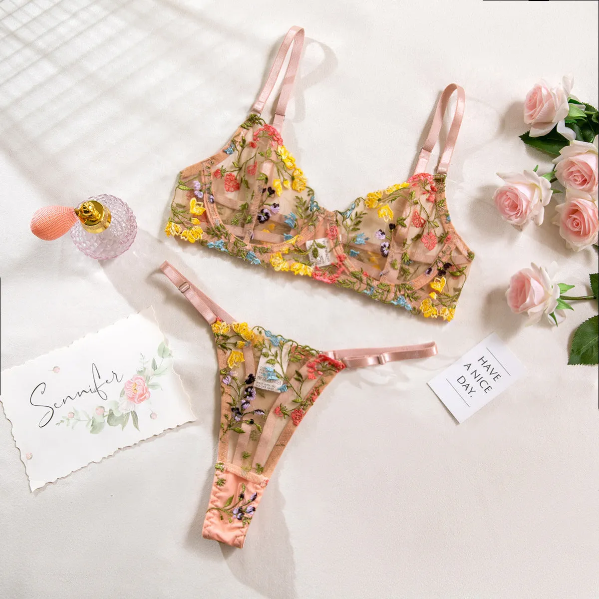 Women's floral mesh bra with steel ring T-back in multiple colours