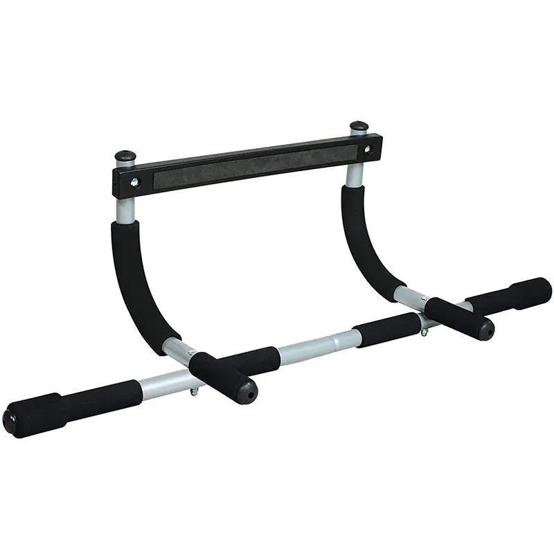 Black steel pipe indoor pull-up bar mounted on door frame for single and double poles exercises
