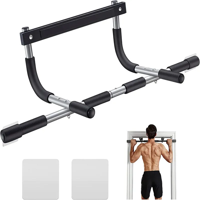 Black steel pipe indoor pull-up bar mounted on door frame for single and double poles exercises
