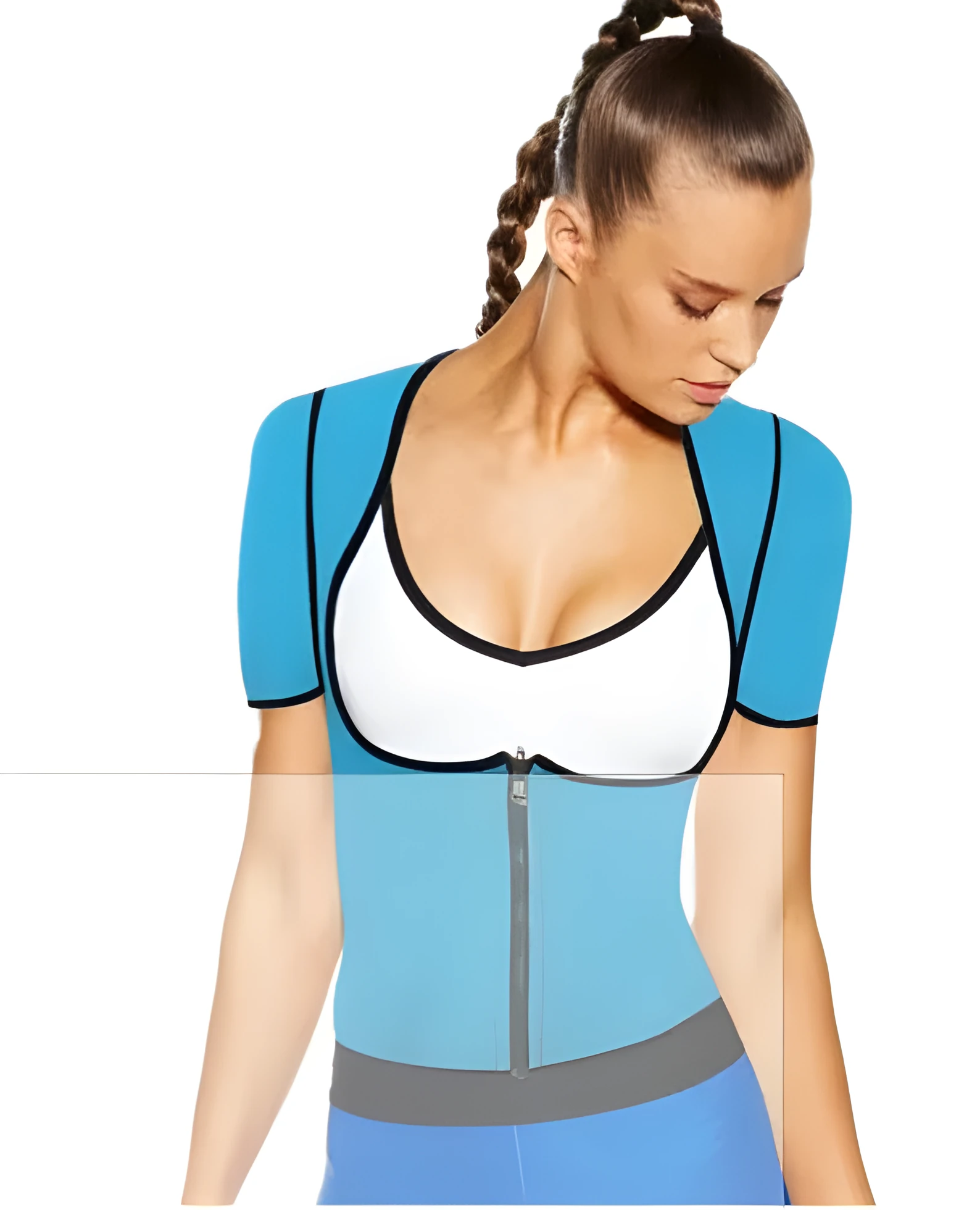 Women's sports shapewear body corset in blue and black colour, neoprene and nylon fabric, fitness body shaper with waist support