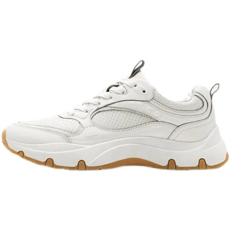 Women's beige off white round toe sneakers with top layer cowhide upper, cross straps, and thick sole