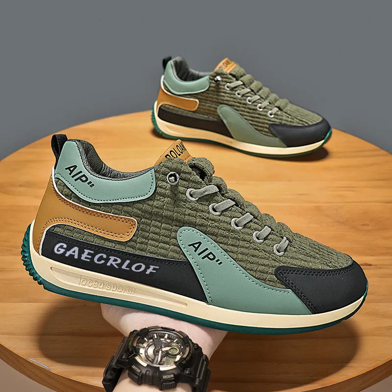Men's grey and green mesh running shoes with low-top design and round toe