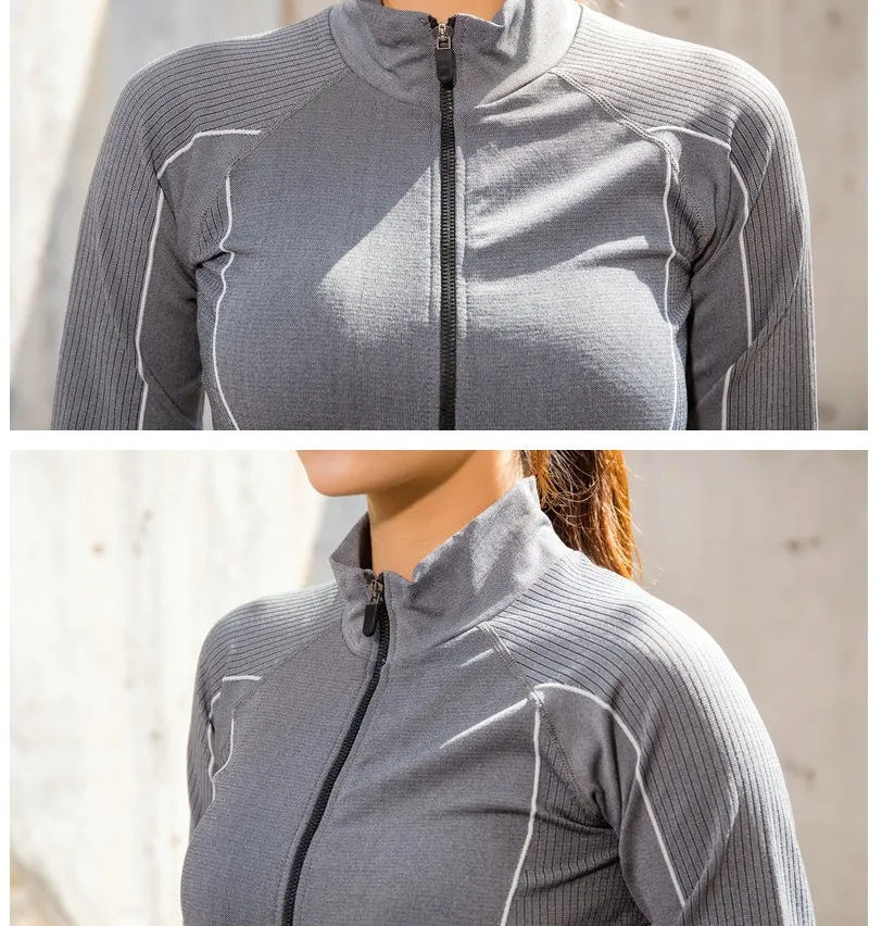Slim fit sportswear coat in grey, 90% nylon and spandex, women's size M, front view