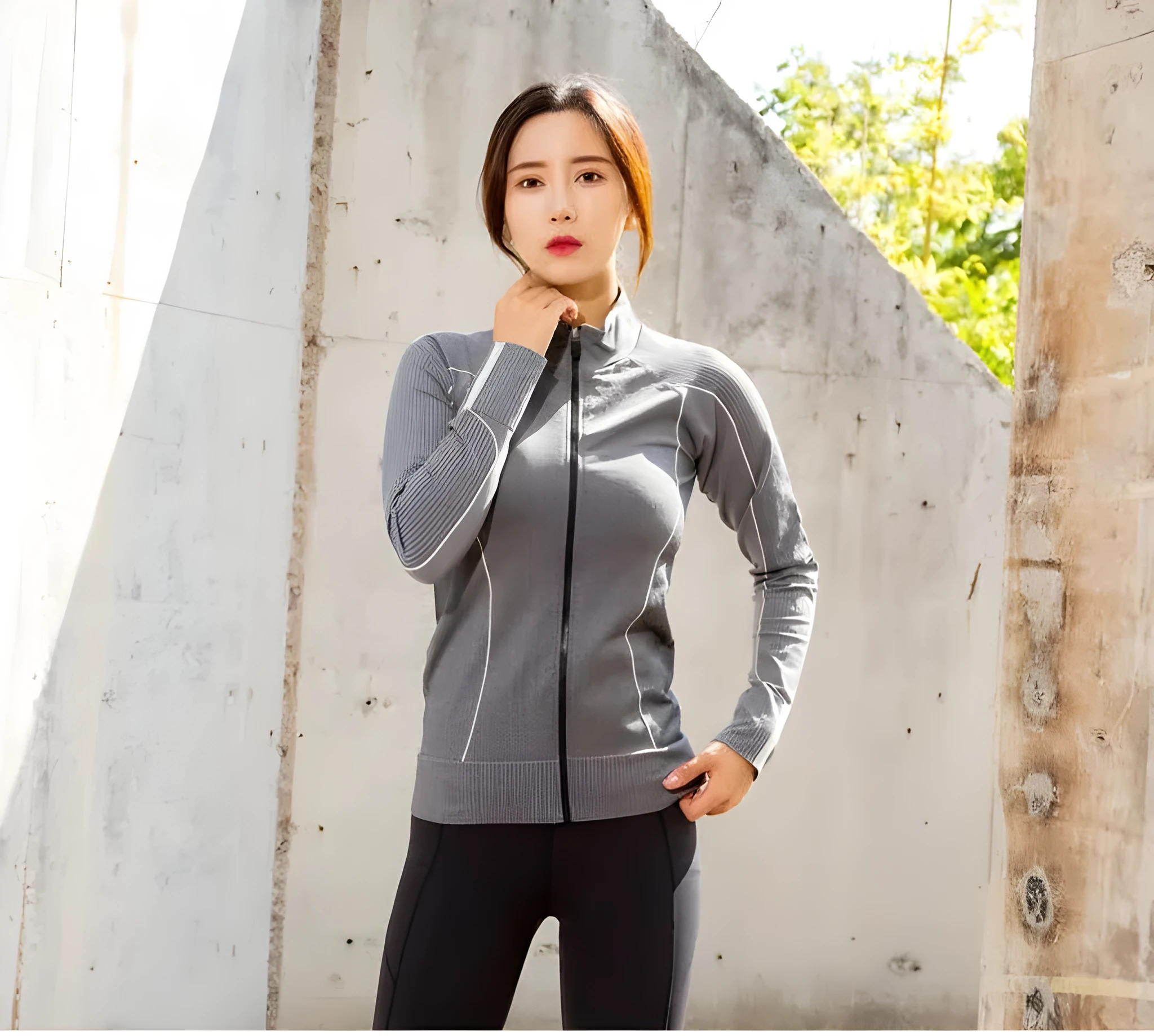 Slim fit sportswear coat in grey, 90% nylon and spandex, women's size M, front view