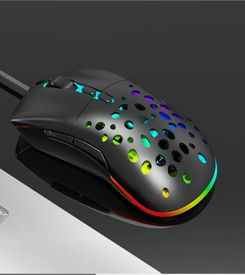 M88 hollow wired and wireless gaming mouse with perforated shell and USB cable on desk