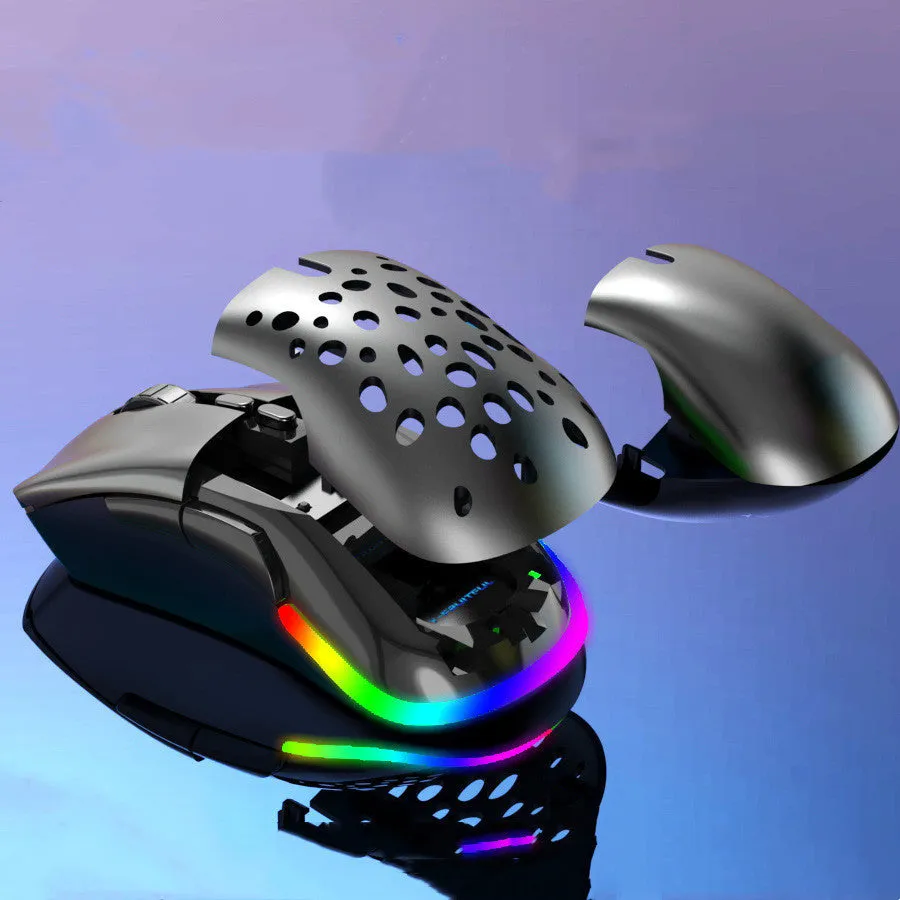 M88 hollow wired and wireless gaming mouse with perforated shell and USB cable on desk