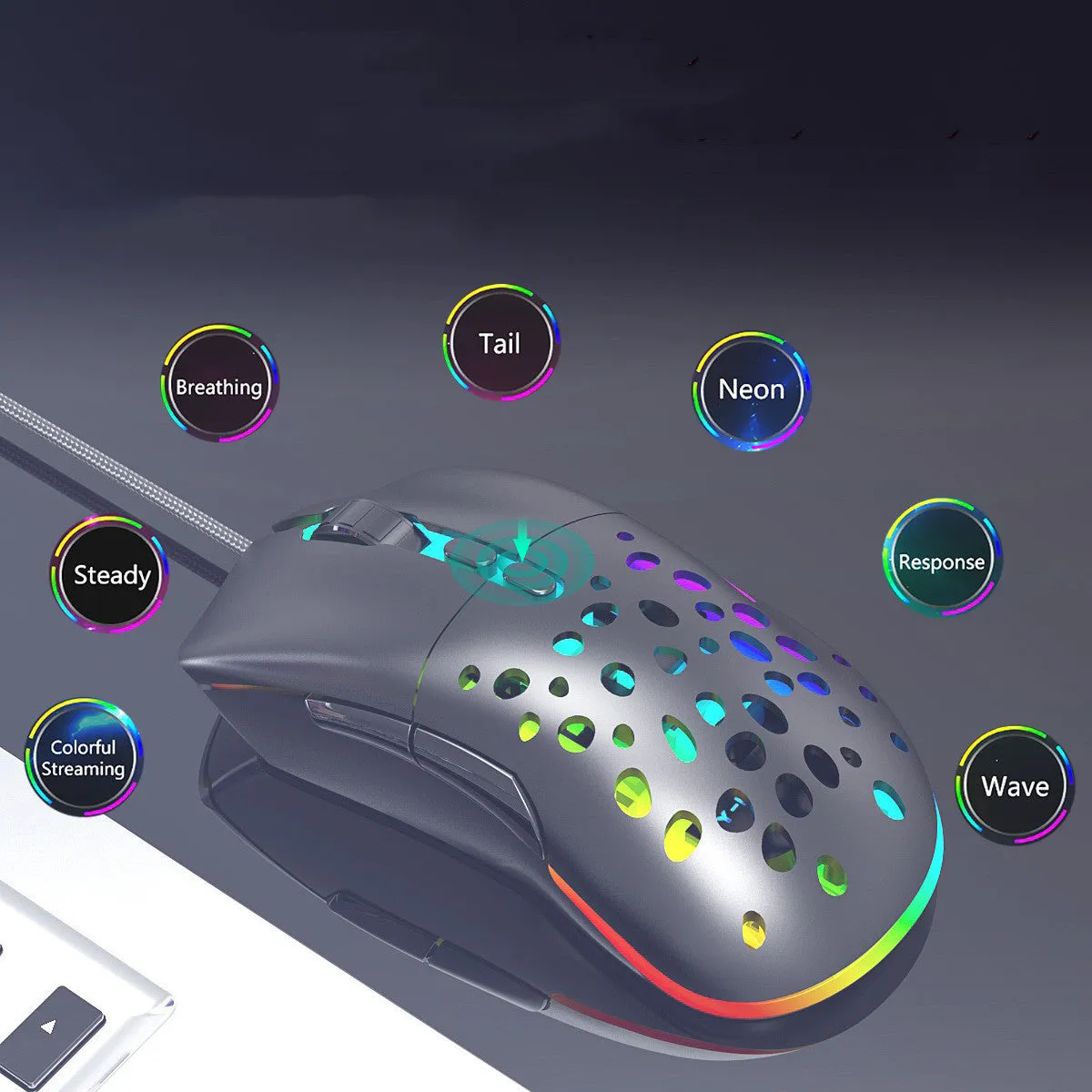 M88 hollow wired and wireless gaming mouse with perforated shell and USB cable on desk