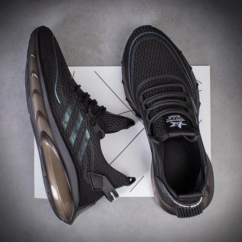 Men's breathable fly woven shock absorption sports casual shoes in openwork black, low heel