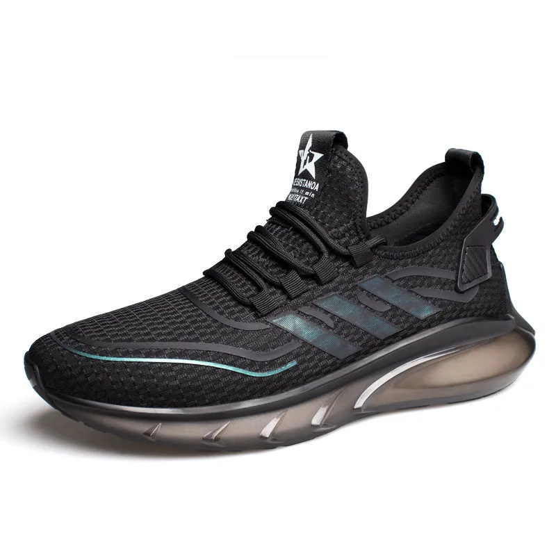 Men's breathable fly woven shock absorption sports casual shoes in openwork black, low heel
