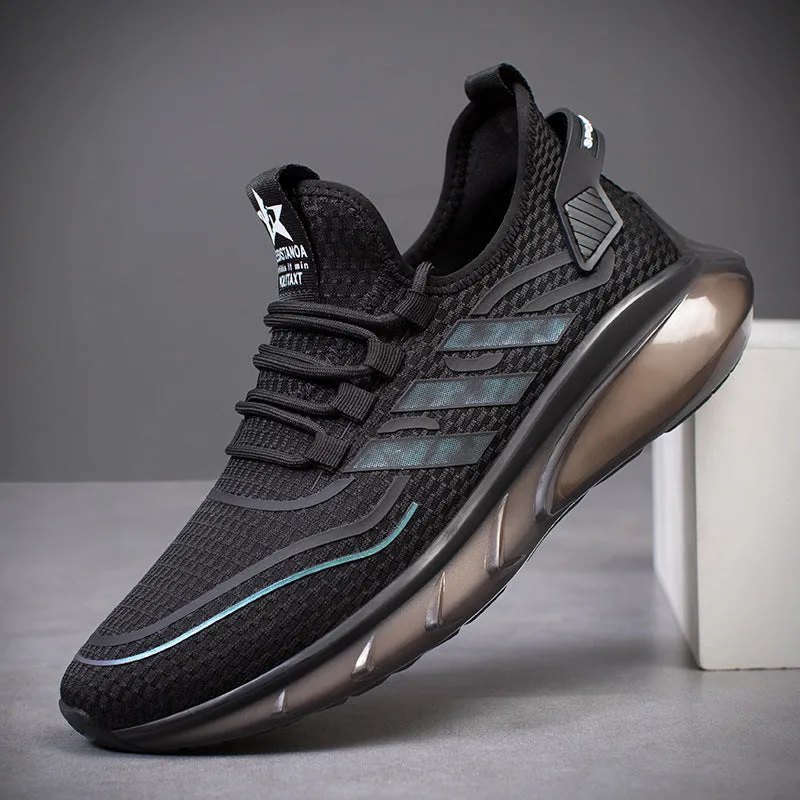 Men's breathable fly woven shock absorption sports casual shoes in openwork black, low heel