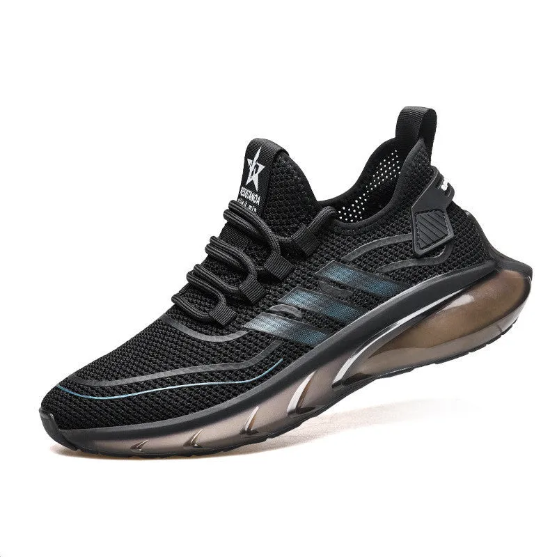 Men's breathable fly woven shock absorption sports casual shoes in openwork black, low heel