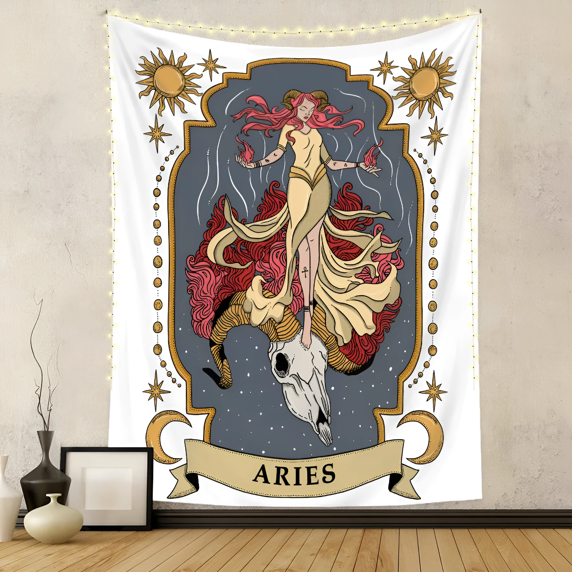 Polyester tapestry featuring a tarot skull design with digital thermal transfer print, rectangular shape, machine washable, size 100x150cm