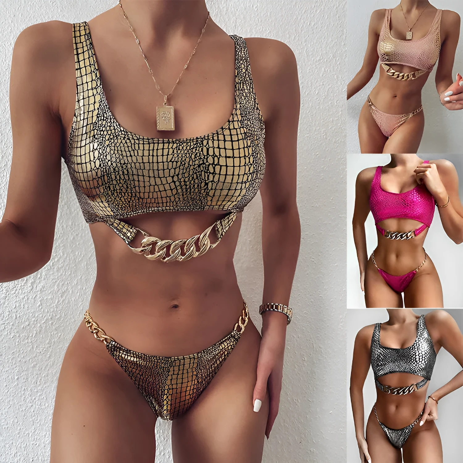 Bronzing fabric ladies split swimwear with chest pad in Gold, Pink, Rose Red, Silver colour options