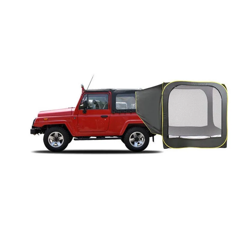 Black pop-up car tailgate tent with steel frame unfolded to 200cm dimensions