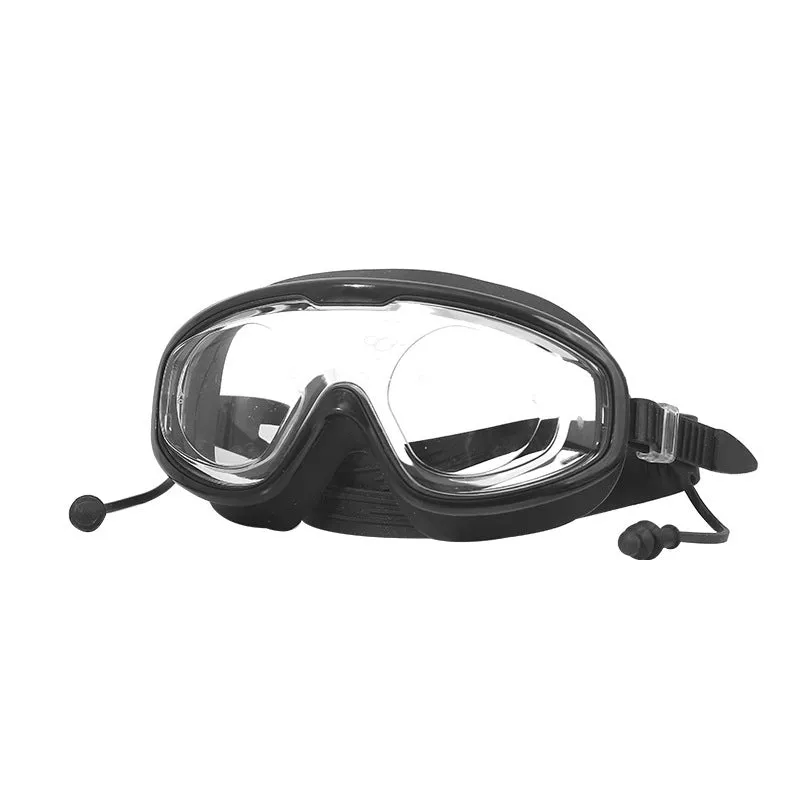 Large frame anti-fog swimming goggles in transparent blue for adults