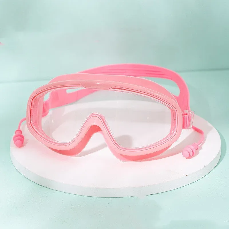 Large frame anti-fog swimming goggles in transparent blue for adults