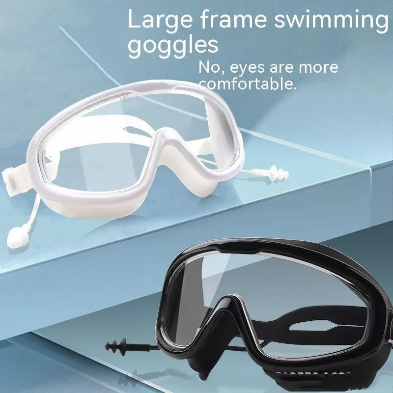 Large frame anti-fog swimming goggles in transparent blue for adults