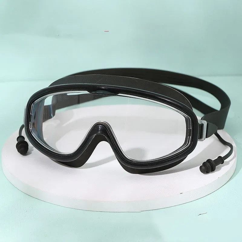 Large frame anti-fog swimming goggles in transparent blue for adults
