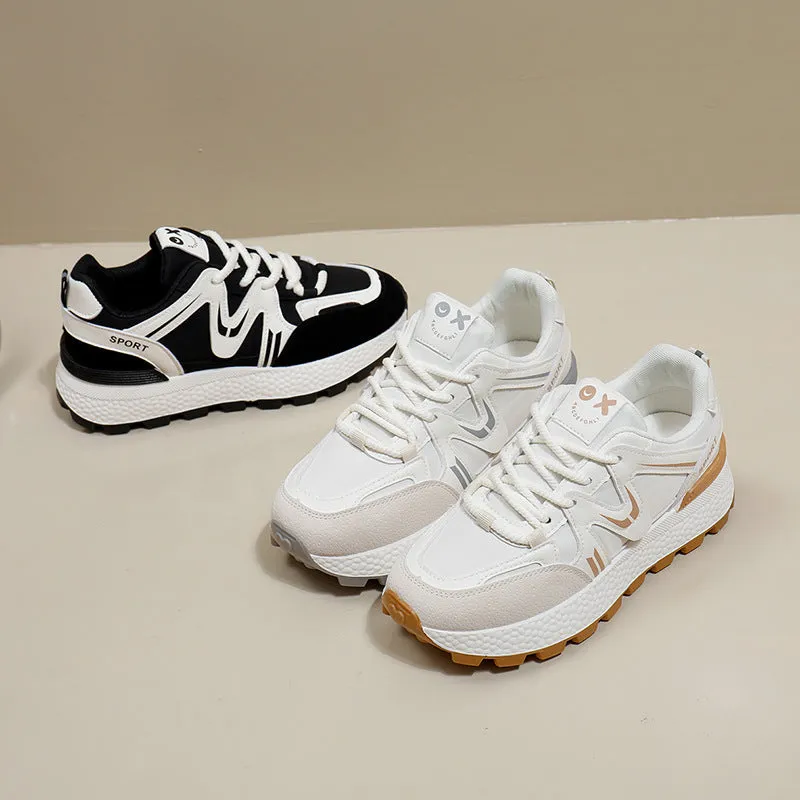 Women's solid colour platform casual shoes with lace-up front and round toe in black, grey, or khaki.