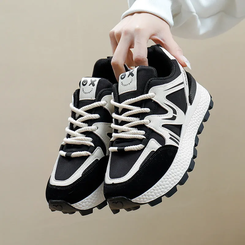 Women's solid colour platform casual shoes with lace-up front and round toe in black, grey, or khaki.