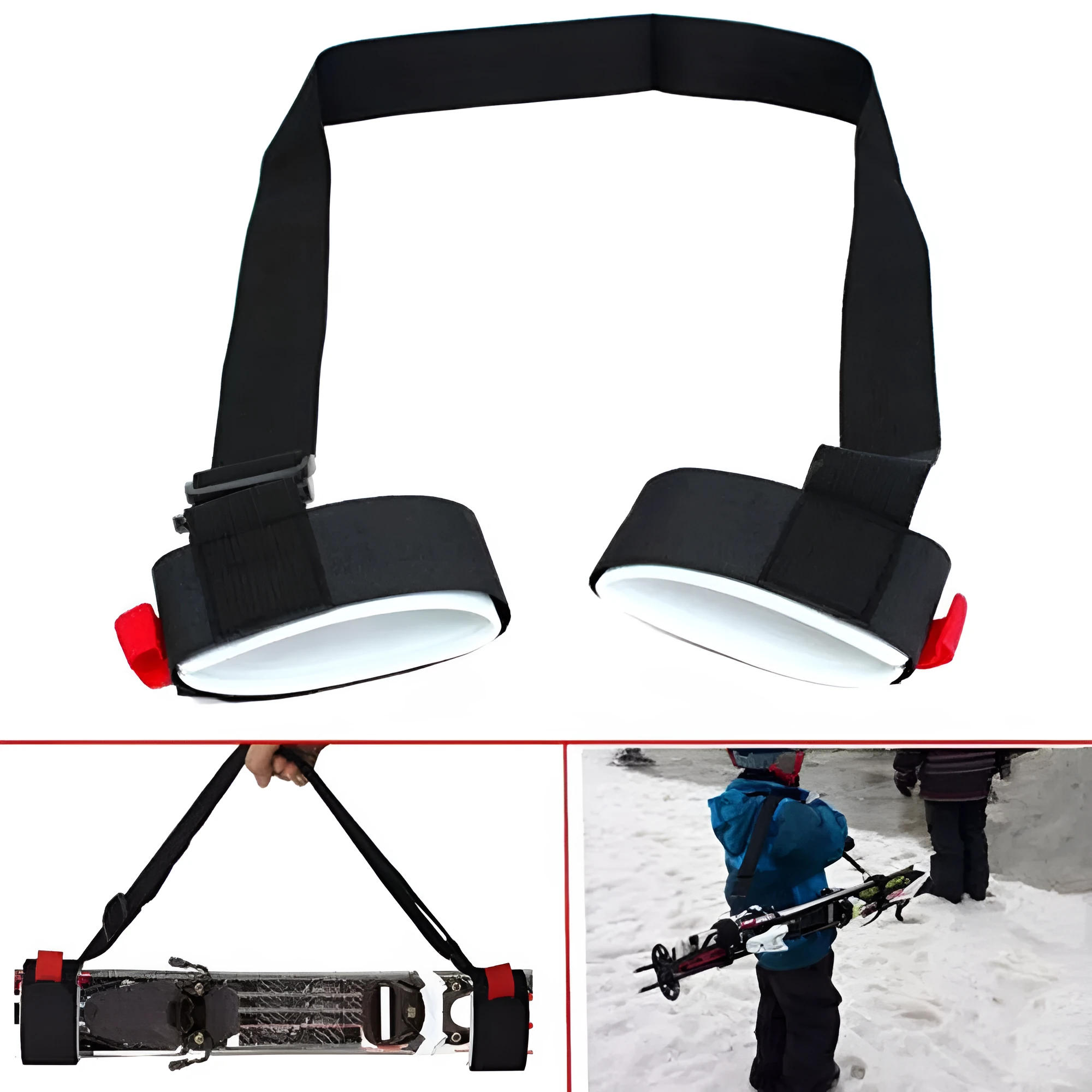Adjustable nylon skiing handle strap with buckle in black, carried over shoulder