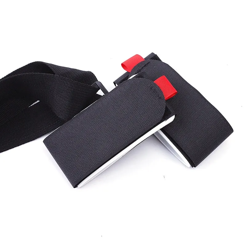 Adjustable nylon skiing handle strap with buckle in black, carried over shoulder
