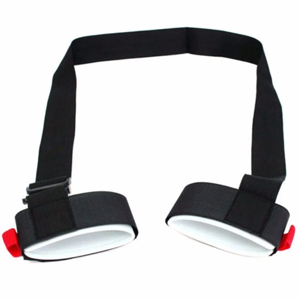 Adjustable nylon skiing handle strap with buckle in black, carried over shoulder