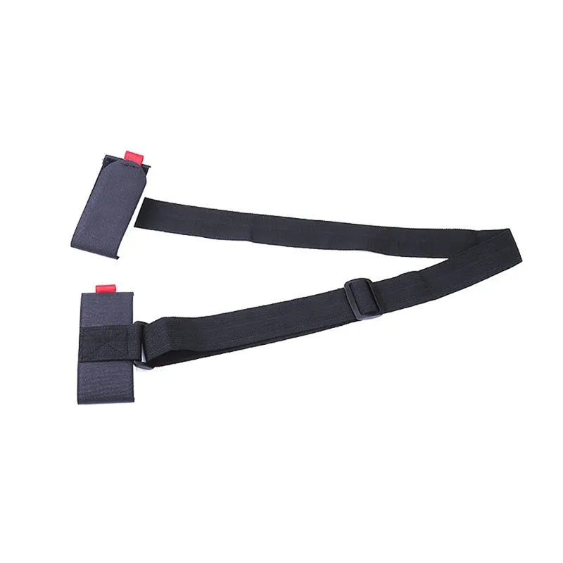Adjustable nylon skiing handle strap with buckle in black, carried over shoulder