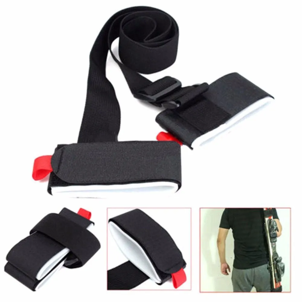 Adjustable nylon skiing handle strap with buckle in black, carried over shoulder