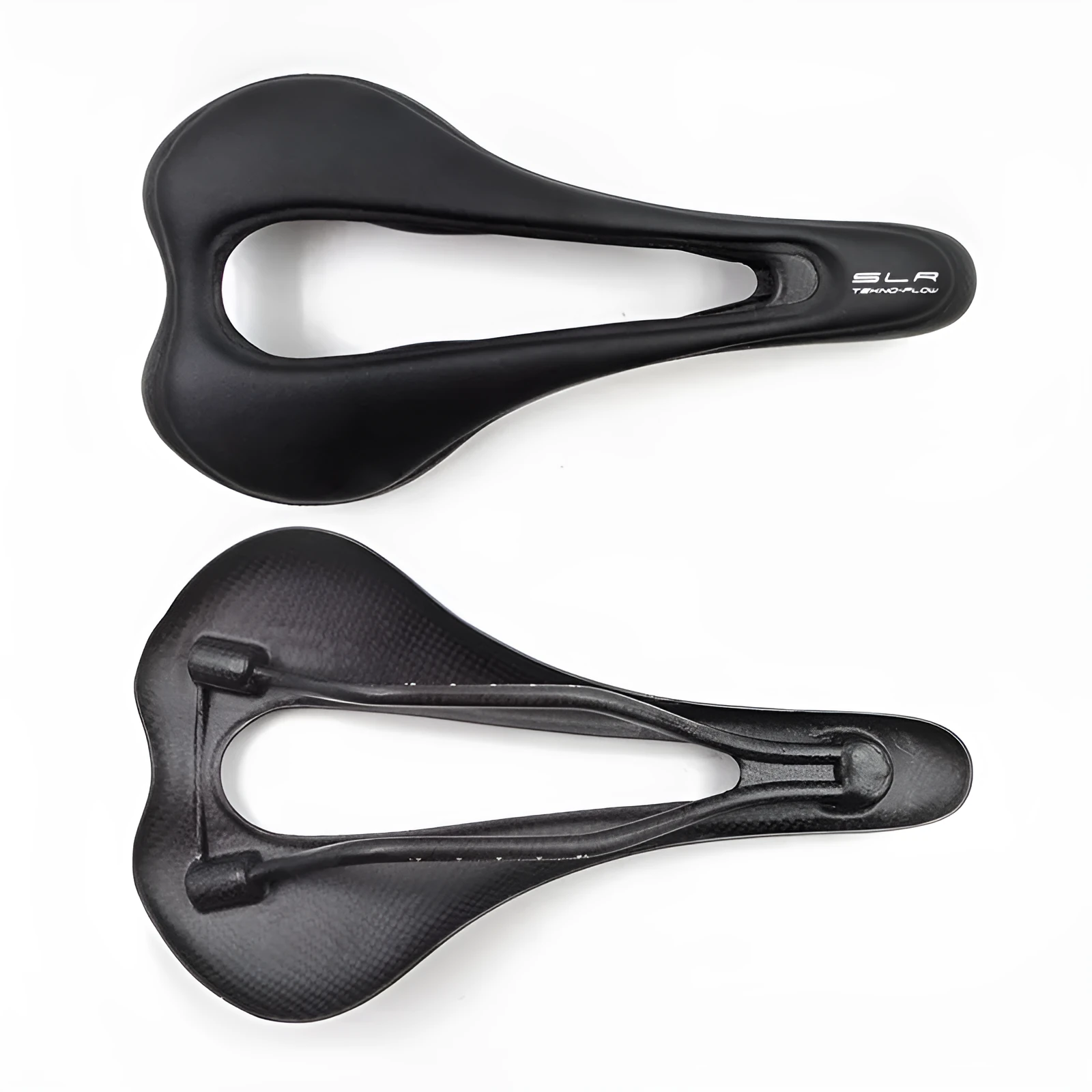 Carbon fibre bicycle saddle 272mm by 146mm in glossy black finish with standard rails