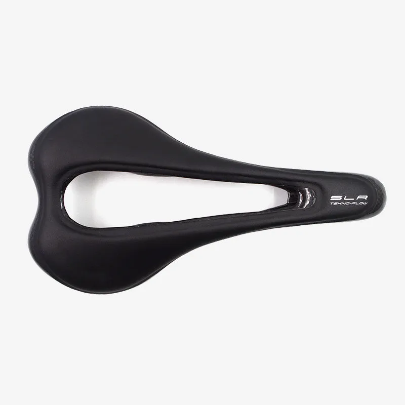 Carbon fibre bicycle saddle 272mm by 146mm in glossy black finish with standard rails