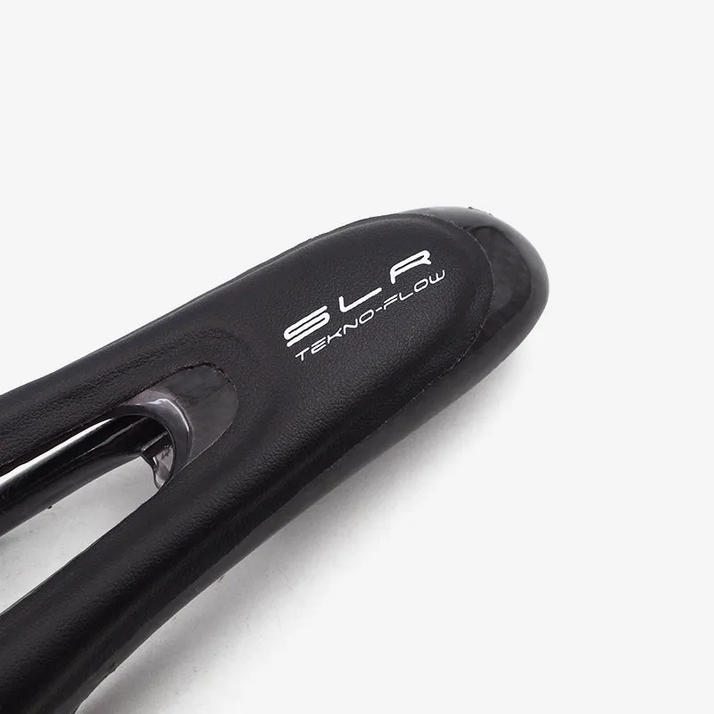 Carbon fibre bicycle saddle 272mm by 146mm in glossy black finish with standard rails