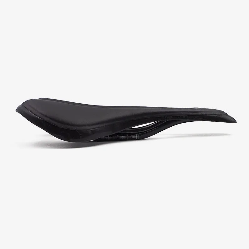 Carbon fibre bicycle saddle 272mm by 146mm in glossy black finish with standard rails
