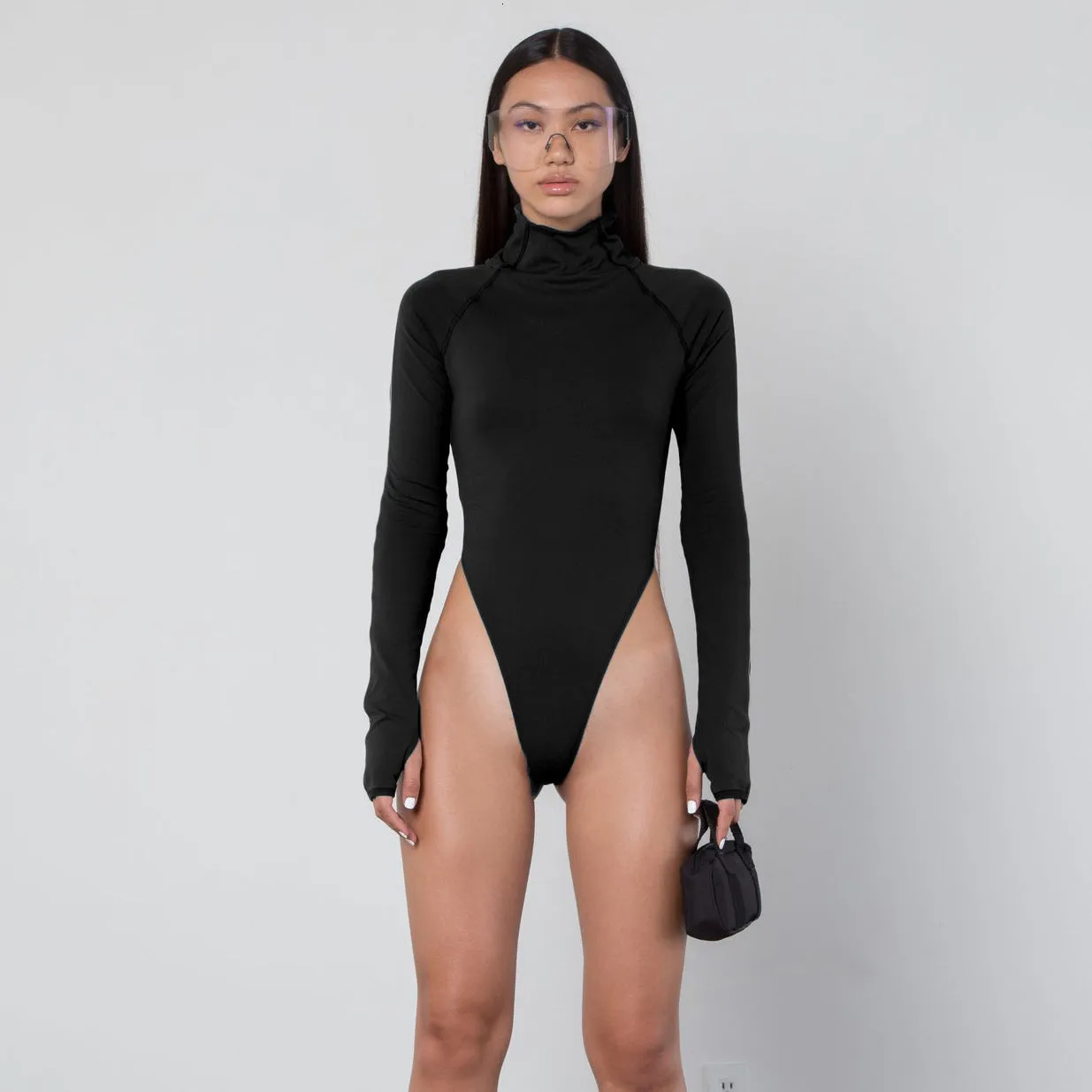 Long sleeve bodysuit in black, 83% polyester stretch fabric, size S M L, women's base layer top