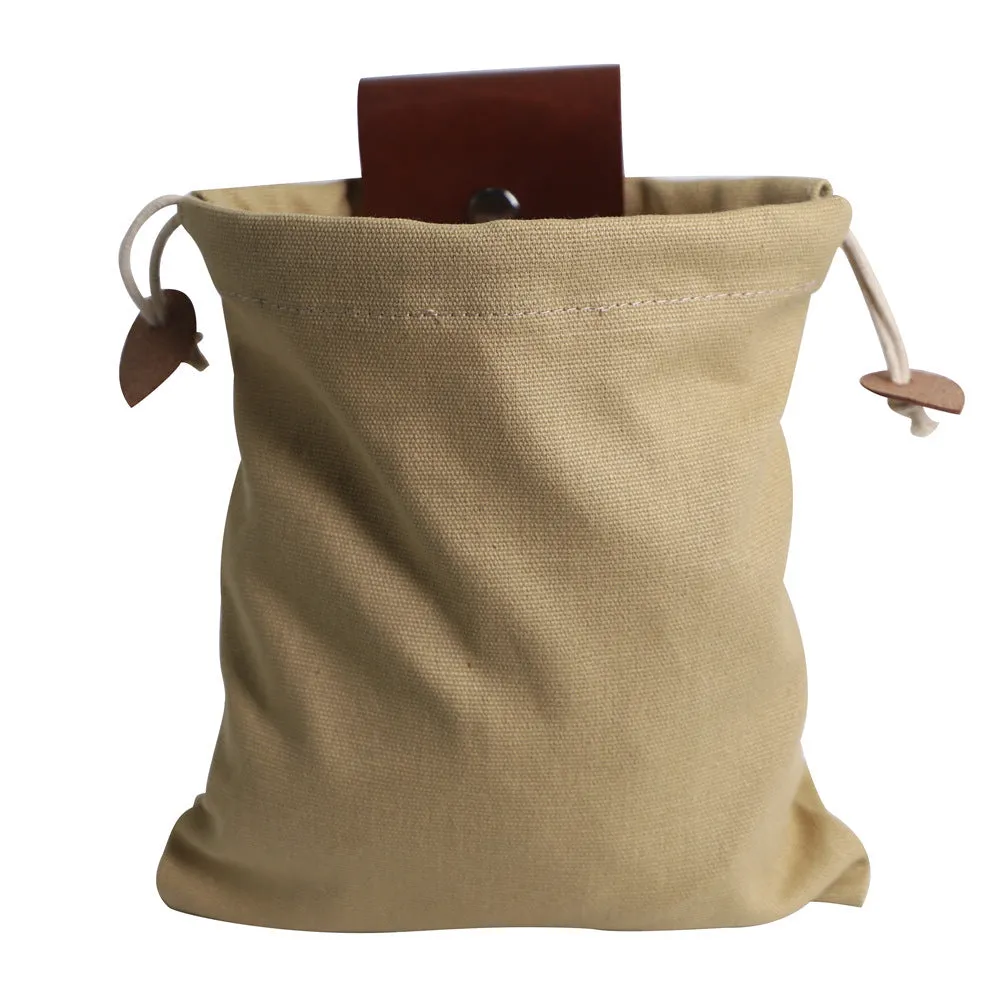Canvas and leather collapsible foraging bag in army green colour measuring 22 by 21 centimetres