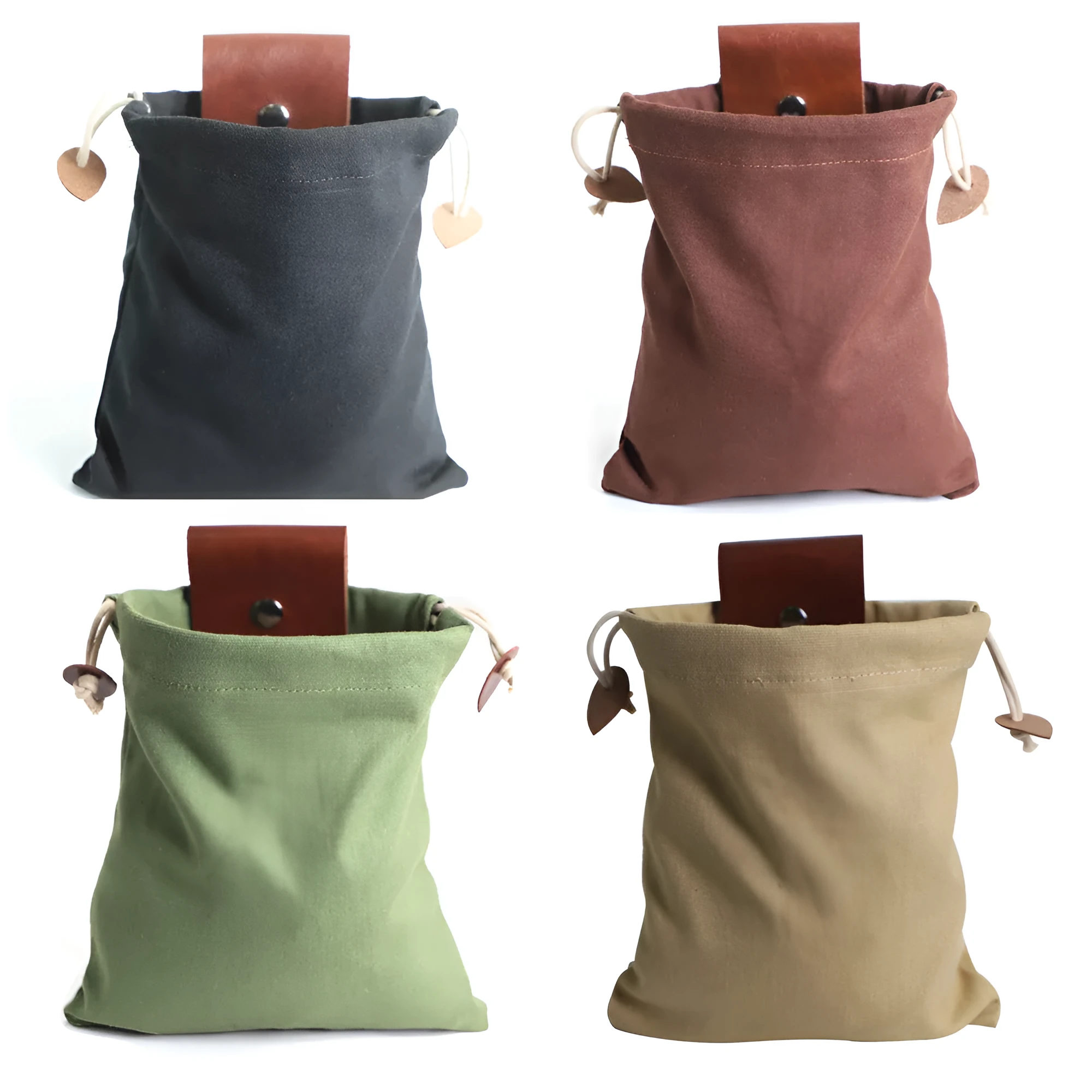 Canvas and leather collapsible foraging bag in army green colour measuring 22 by 21 centimetres
