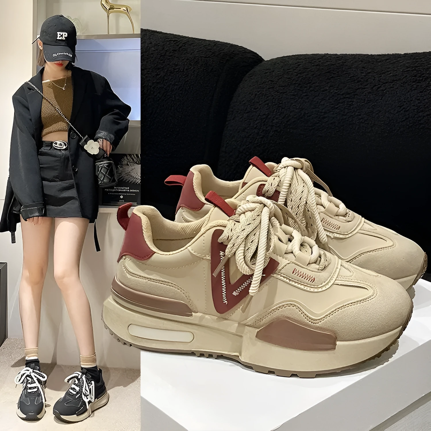 Women's retro platform sports shoes in black and khaki red with lace-up front and round toe