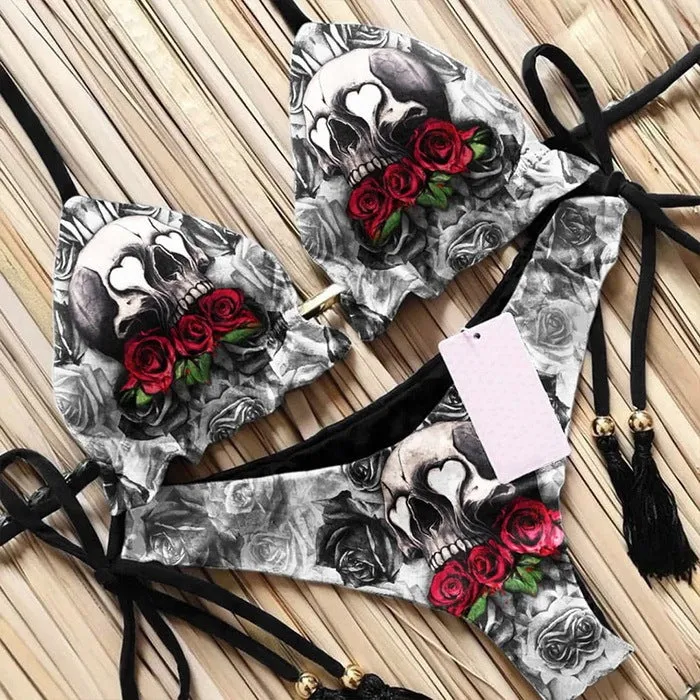 3D printed lace up bikini set for summer with graphic customisation, sleeveless top and pants in colour BAD82