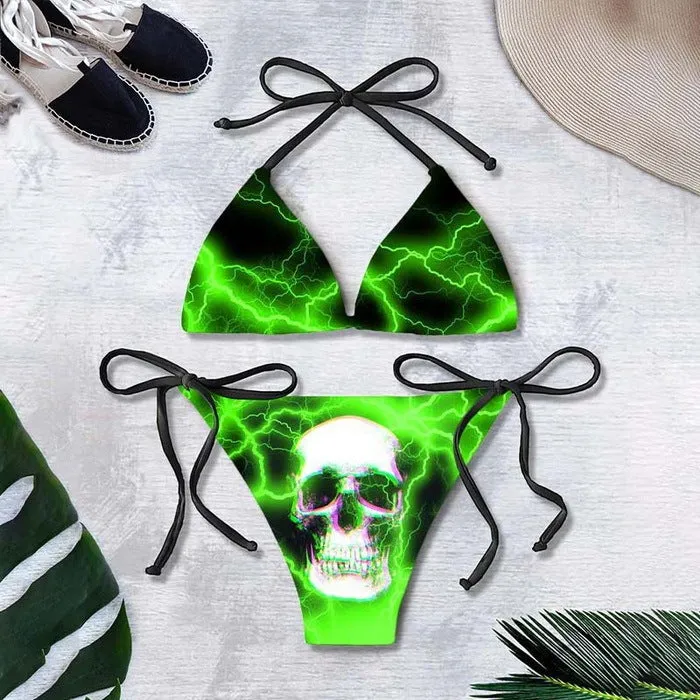 3D printed lace up bikini set for summer with graphic customisation, sleeveless top and pants in colour BAD82