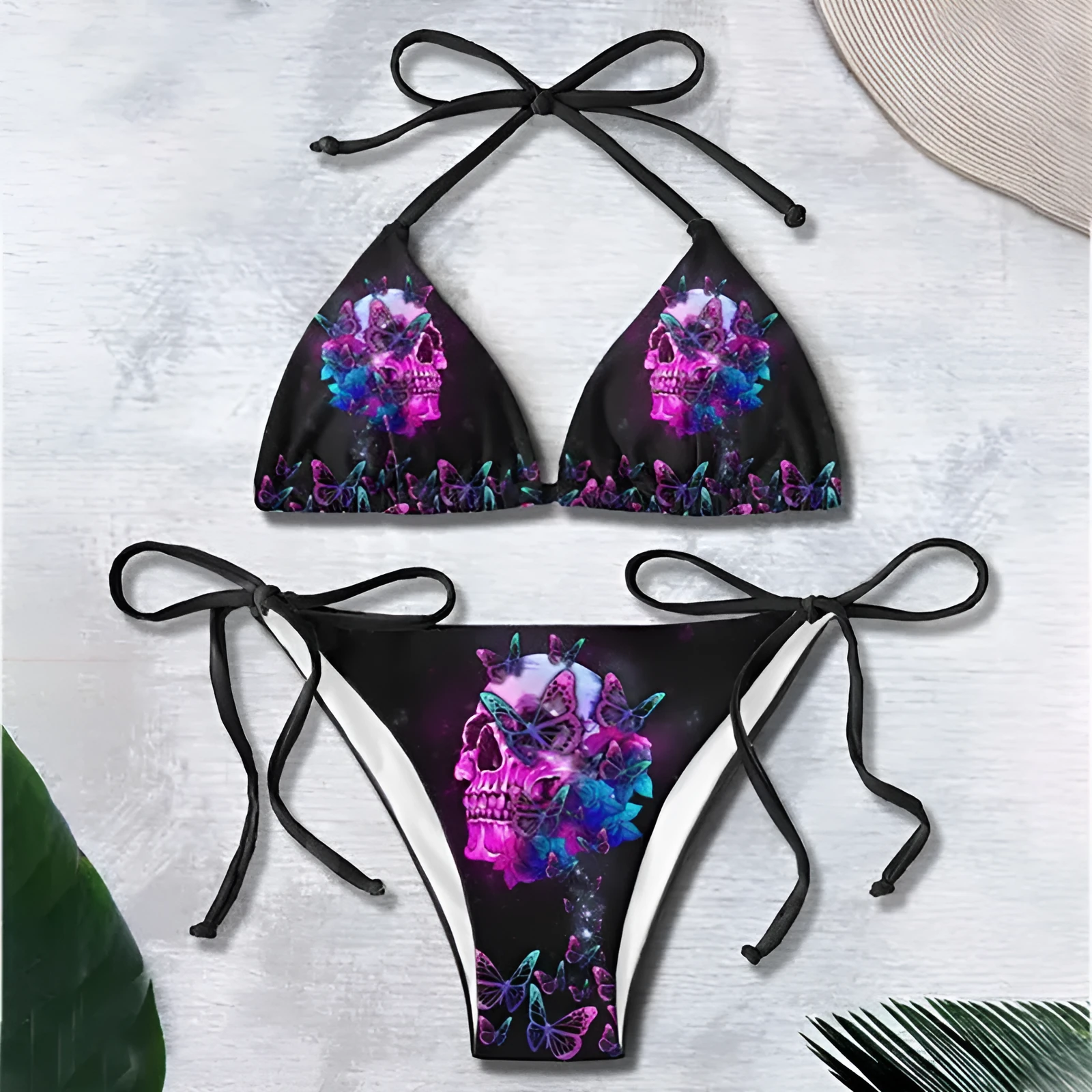 3D printed lace up bikini set for summer with graphic customisation, sleeveless top and pants in colour BAD82