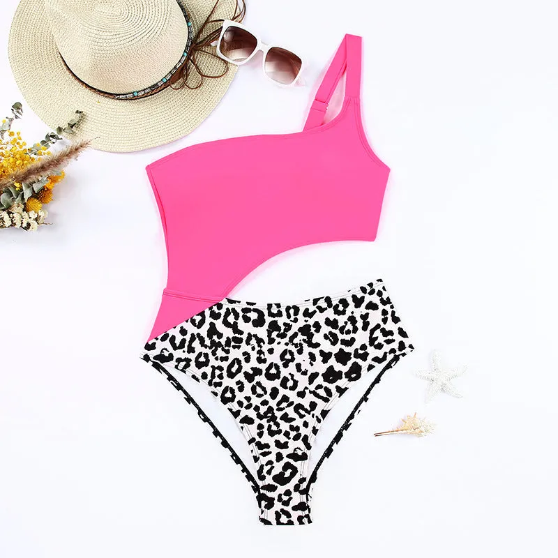 Women's rose red leopard print one-piece backless high waist tight swimsuit with elastic fabric